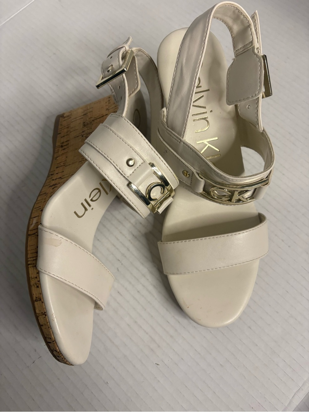 Calvin Klein Karla Logo White Wedge Cork Sandals Womens 7.5